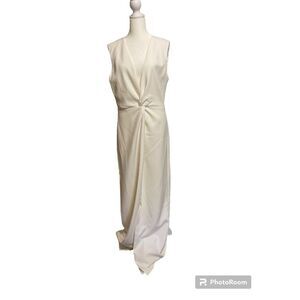 Halston Melanie Gown Stretch Crepe Chalk High Slit Column Women's Size‎ 12 NWOT